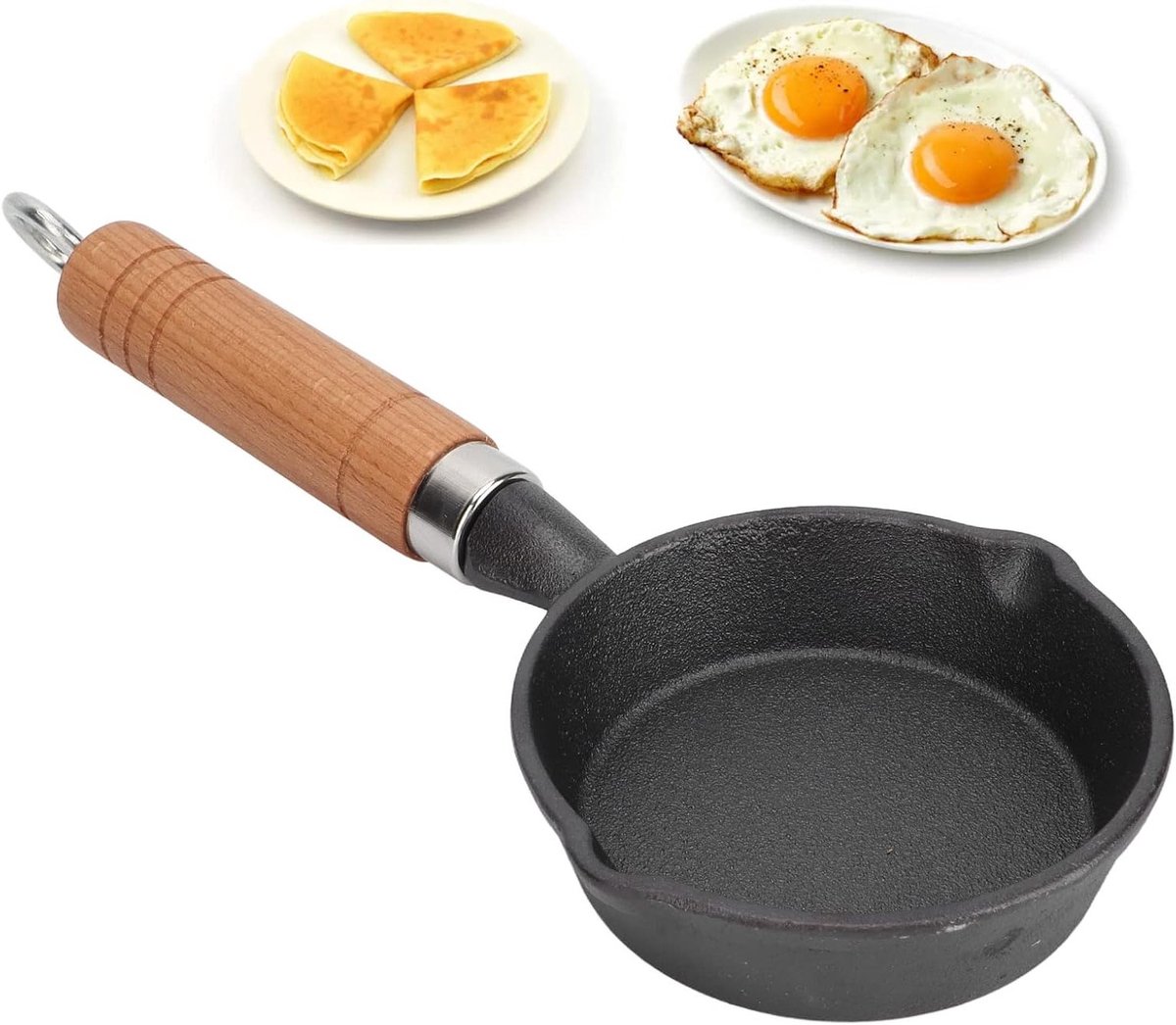 Mini Gietijzeren Koekenpan 10cm - Antiaanbaklaag, Houten Handvat voor Pannenkoeken, Spiegelei en Panini Bereiding