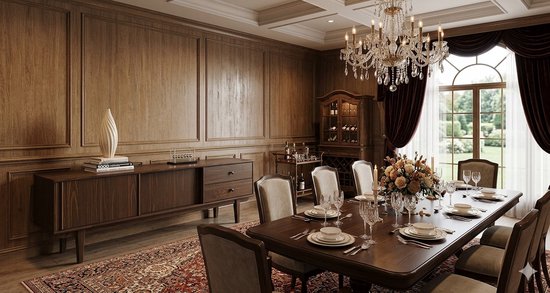 Donkerhouten dressoir met schuifdeuren en lades, midden-eeuwse stijl, naast een houten eettafel met gedekte stoelen en bloemstuk.