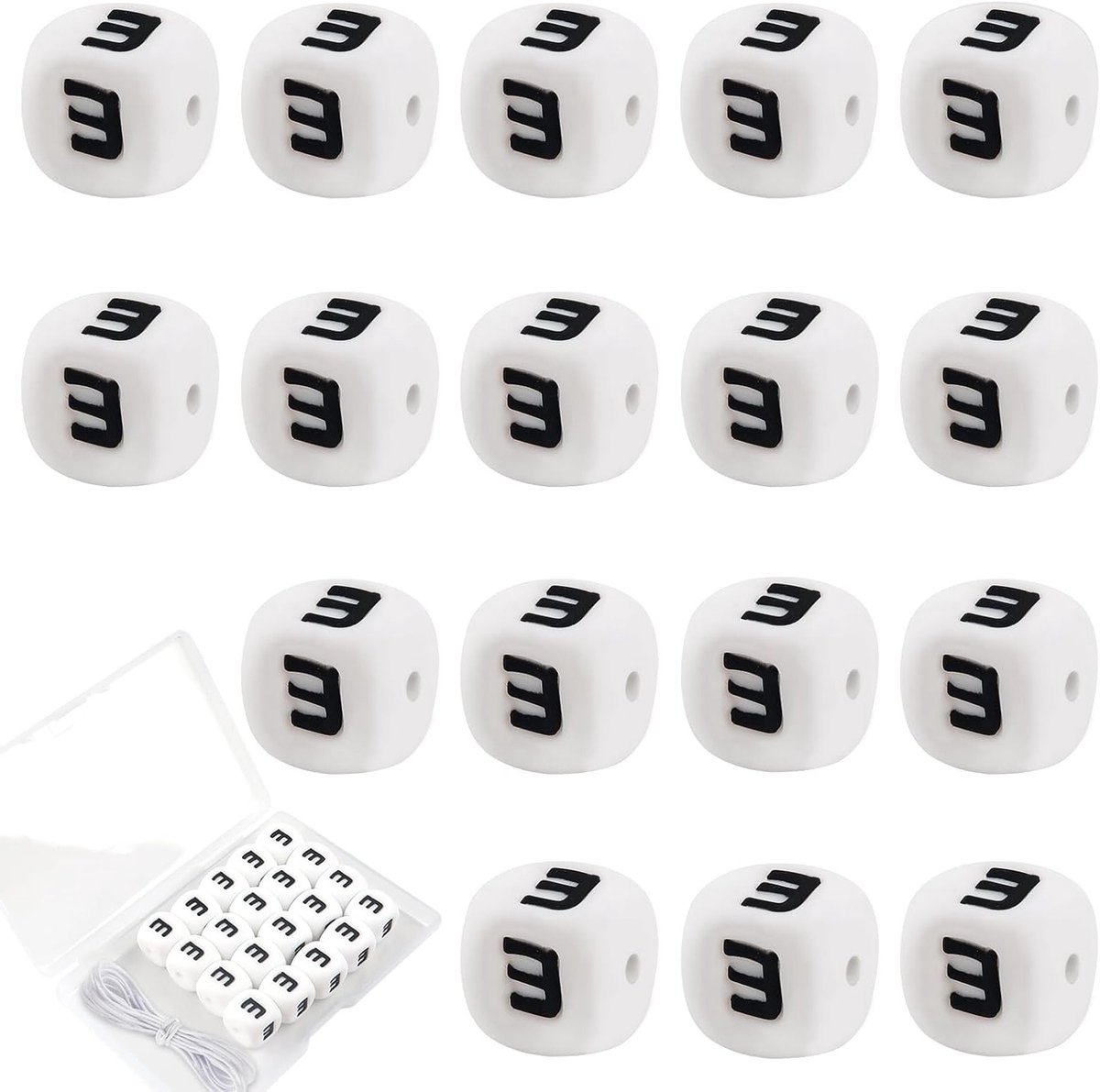 20 Stuks Siliconen Letterkralen voor Armbanden 12mm Zwarte Kubus Kralen met 2M Draad voor Sieraden, DIY Telefoonkettingen en Sleutelhangers
