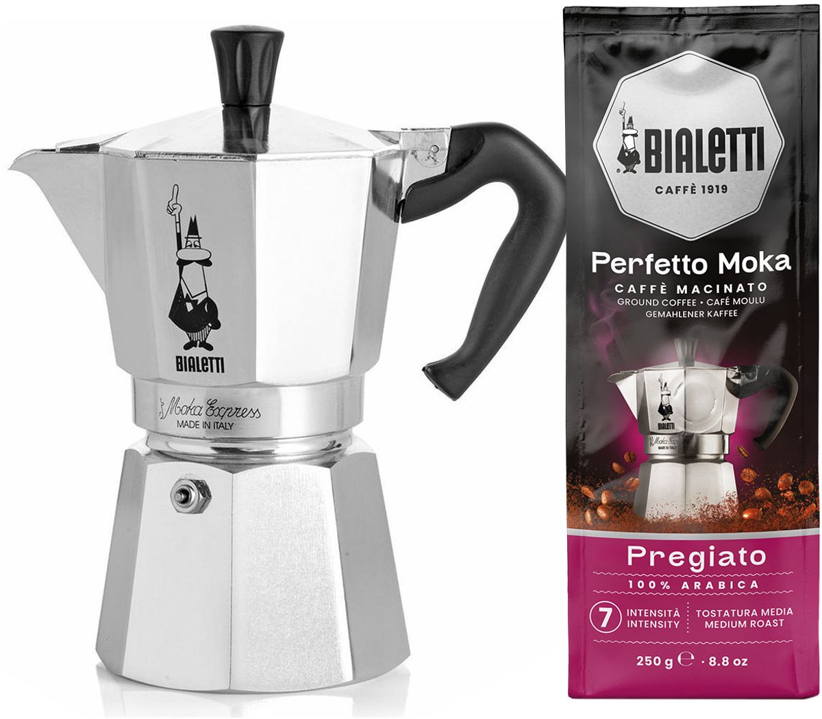 Bialetti Moka Express 2 kops + Bialetti Delicato gemalen koffie 250gr