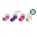 Vier potjes klei: roze, glitterpaars en twee keer felroze. 'Glitter' en 'Glow in the Dark' tekst.