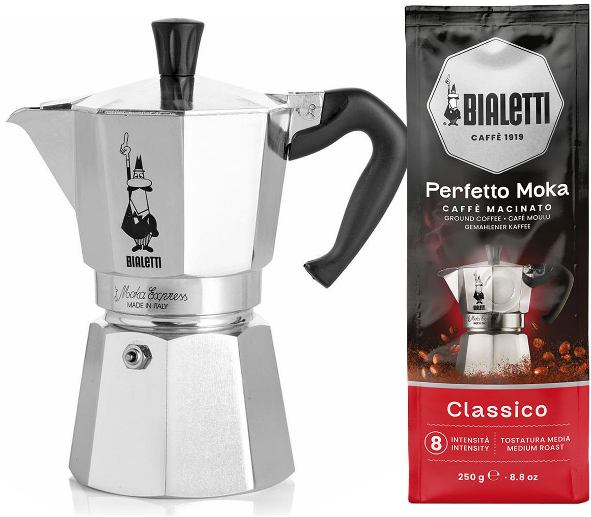 Bialetti Moka Express 4 kops + Bialetti Classico gemalen koffie 250gr