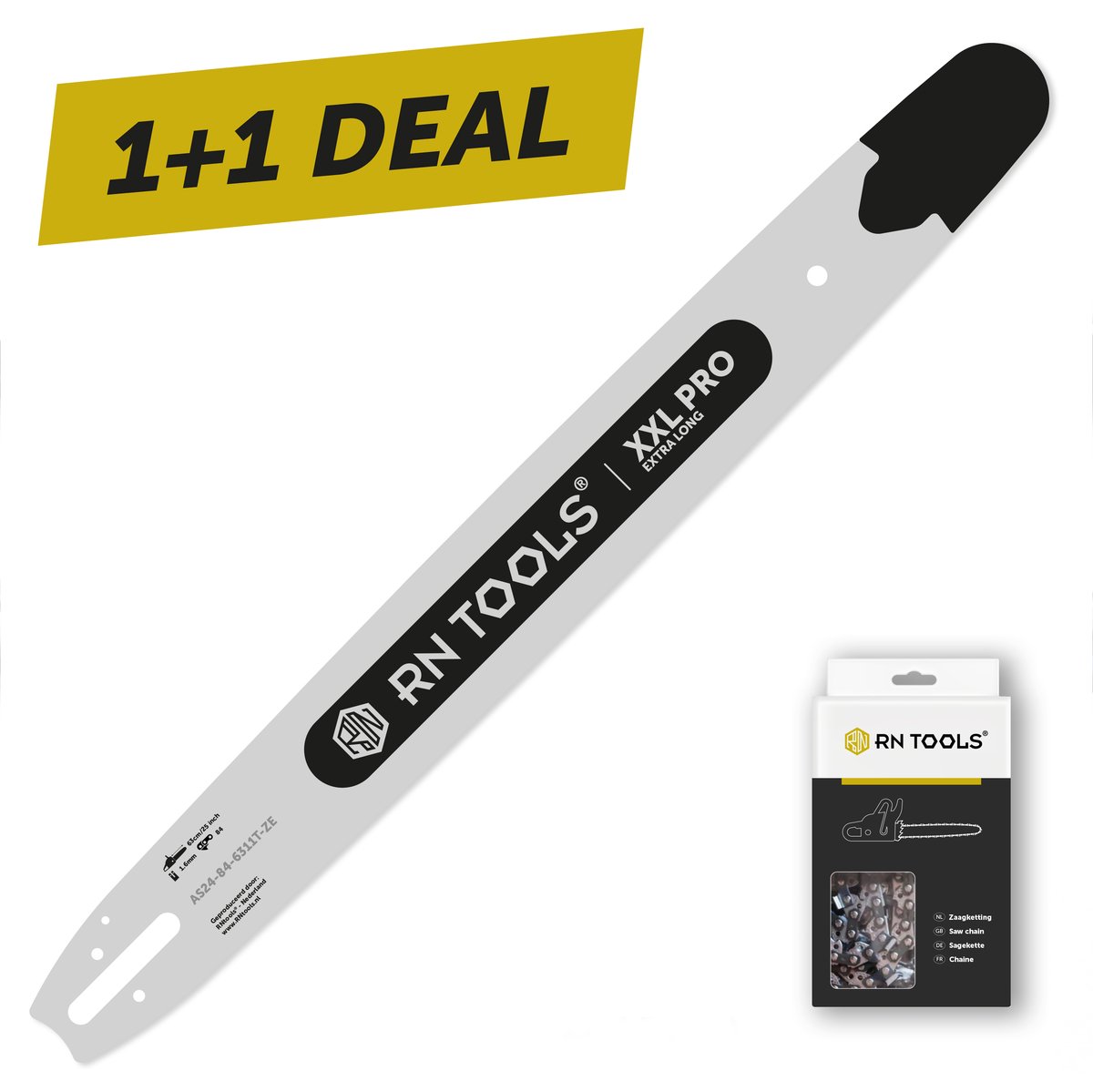 RNtools Kettingzaagblad XXL Pro 63 cm 3/8 1.6 mm (0.063 inch) met Vervangbaar Gelagerd Neusstuk voor de Kettingzaag (o.a. Stihl) + 1x RNtools Zaagketting 3/8 1.6 mm (0.063 inch) 84 Schakels