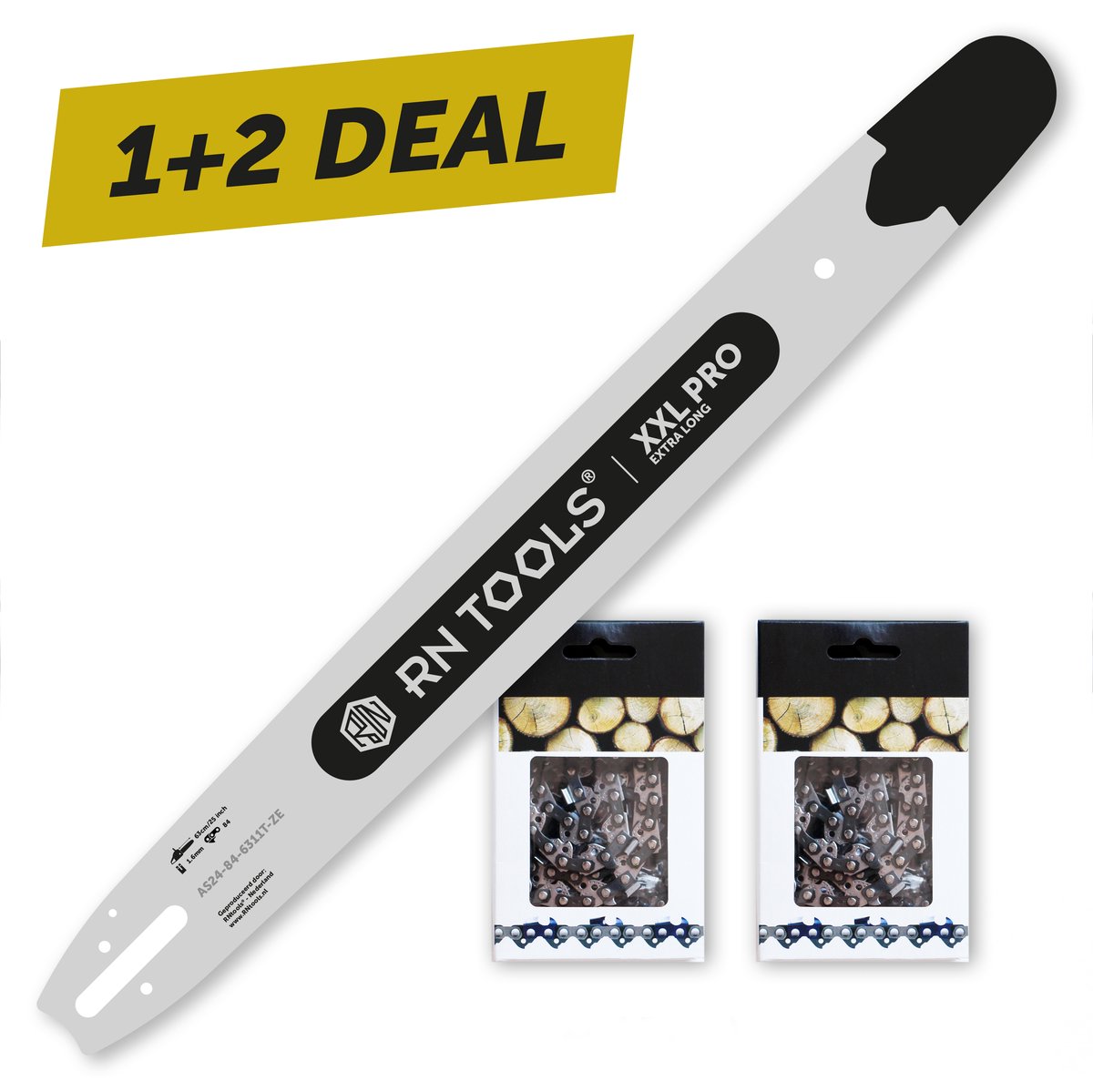 RNtools Kettingzaagblad XXL Pro 63 cm 3/8 1.6 mm (0.063") met Vervangbaar Gelagerd Neusstuk voor de Kettingzaag (o.a. Stihl) + 2x RNtools Zaagketting 3/8 1.6 mm (0.063") 84 Schakels
