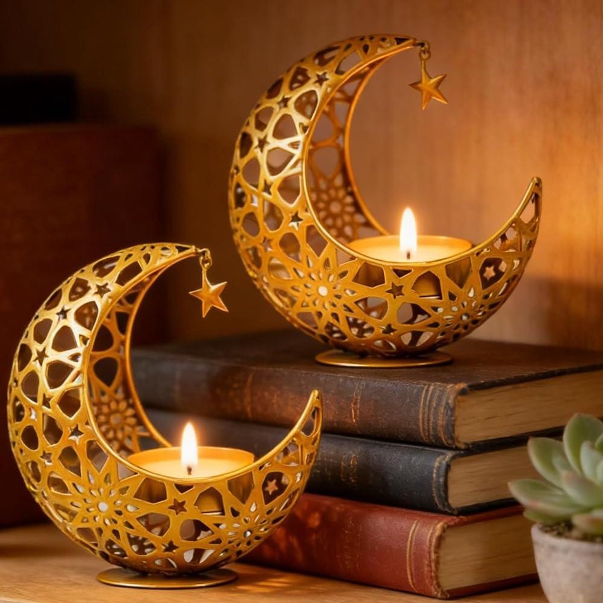 Theelichthouders Maan - Kaarsenhouder Set - Decoratie Huis - Oosterse Stijl - 4 cm Diameter - Goud
