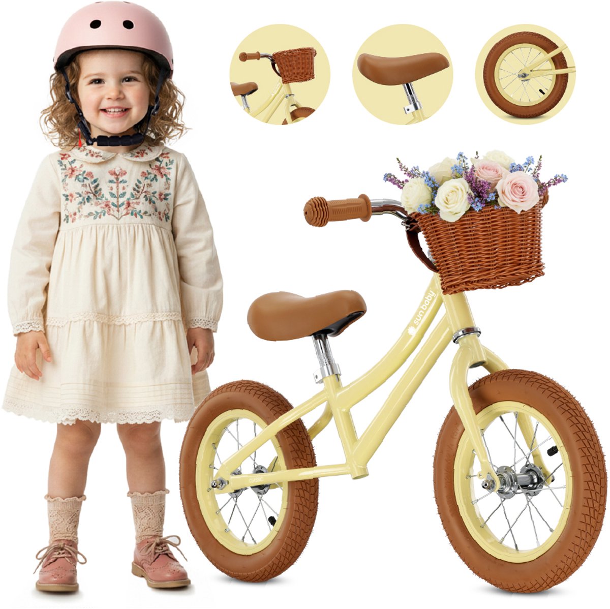 sun baby Loopfiets voor Kinderen Classic - 2 jaar, max. 30 kg, Loopfietsen, stalen frame, gekleurde luchtbanden, verstelbaar zadel - Geel