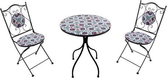Bistroset met zwart metalen frame en ronde tafel en stoelen met blauw-rood mozaïekpatroon.