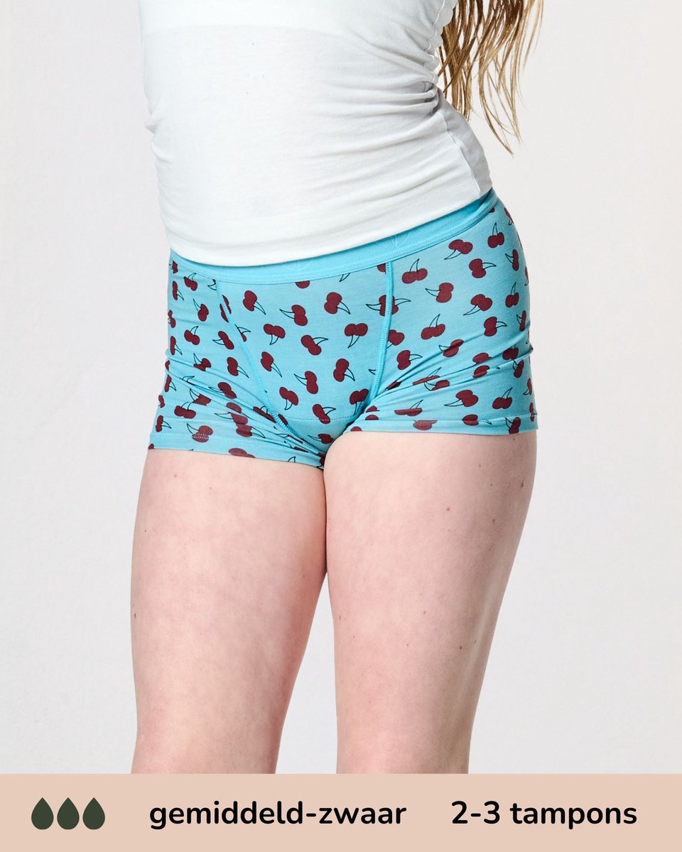 Moodies menstruatie ondergoed tiener - Bamboe Boyshort - gemiddeld-zwaar kruisje - maat 152-158 (XS) - print kersen