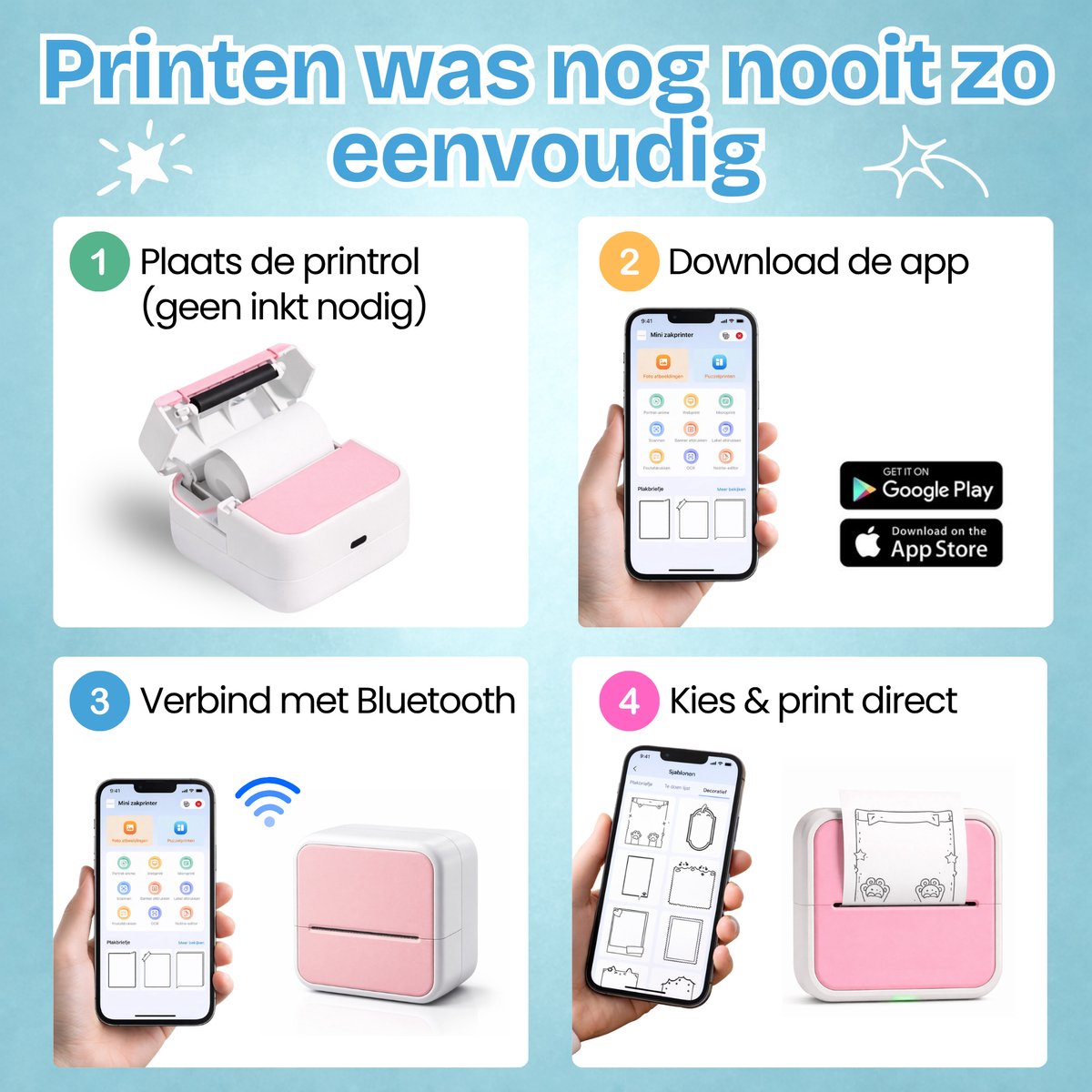 TinyPlay Mini Printer 300 DPI - Pocket Printer - 13 rollen papier in kleur, Sticker en wit - Mobiele fotoprinter - voor Smartphone - Thermische draagbare printer - Thermal miniprinter – foto 5