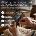 Oudere hand draait aan de knop van een zwarte Zybra noodradio met AM/FM/NOAA instellingen.