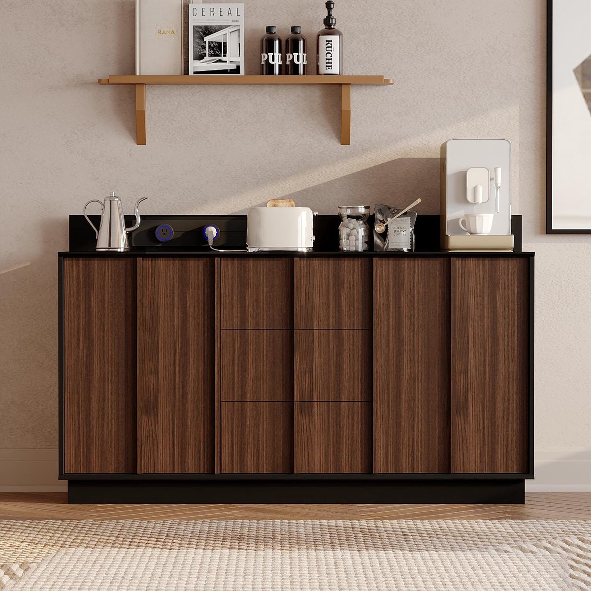 Dressoir Kast met Stopcontact en 3 Laden – 150x40x92 cm – Keukenkast met 2 Deuren en Geïntegreerde Stroomvoorziening – Industrieel Donkerbruin/Zwart Opbergkast voor Woonkamer, Keuken en Thuiswerkplek – Urbanhome