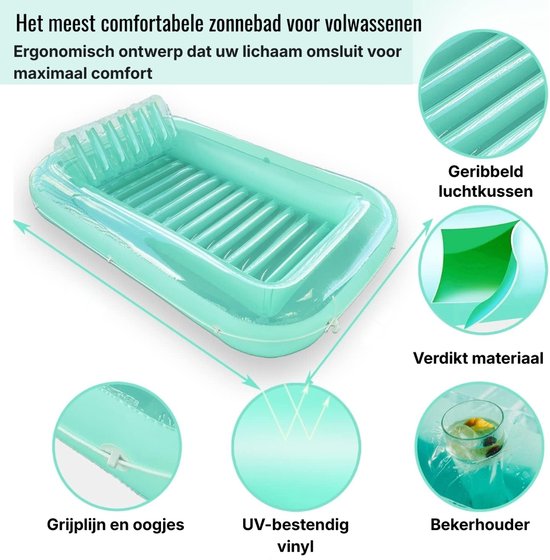 Opblaasbaar Tanning Bed Luchtbed Zwembad - Luxe Zonnebad met Water Vul Systeem - 178 x 114 cm - Muntgroen - Inclusief Bekerhouders en Hoofdsteun van Merkloos — afbeelding 5
