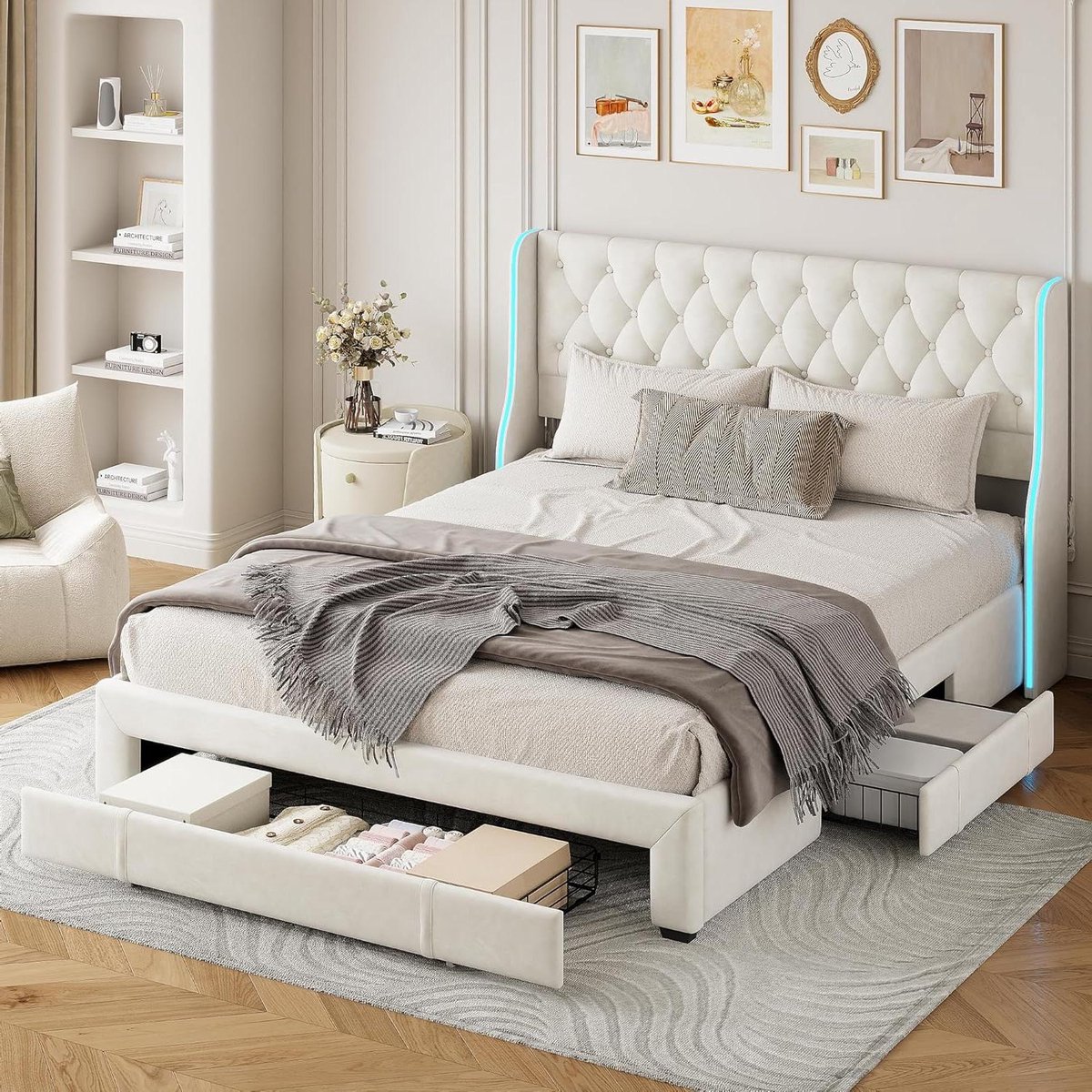 Gestoffeerd Bed - Opbergbed Slaapbank - Ruimte Besparen - Met Led Hoofdeinde - 160x200 cm - Beige