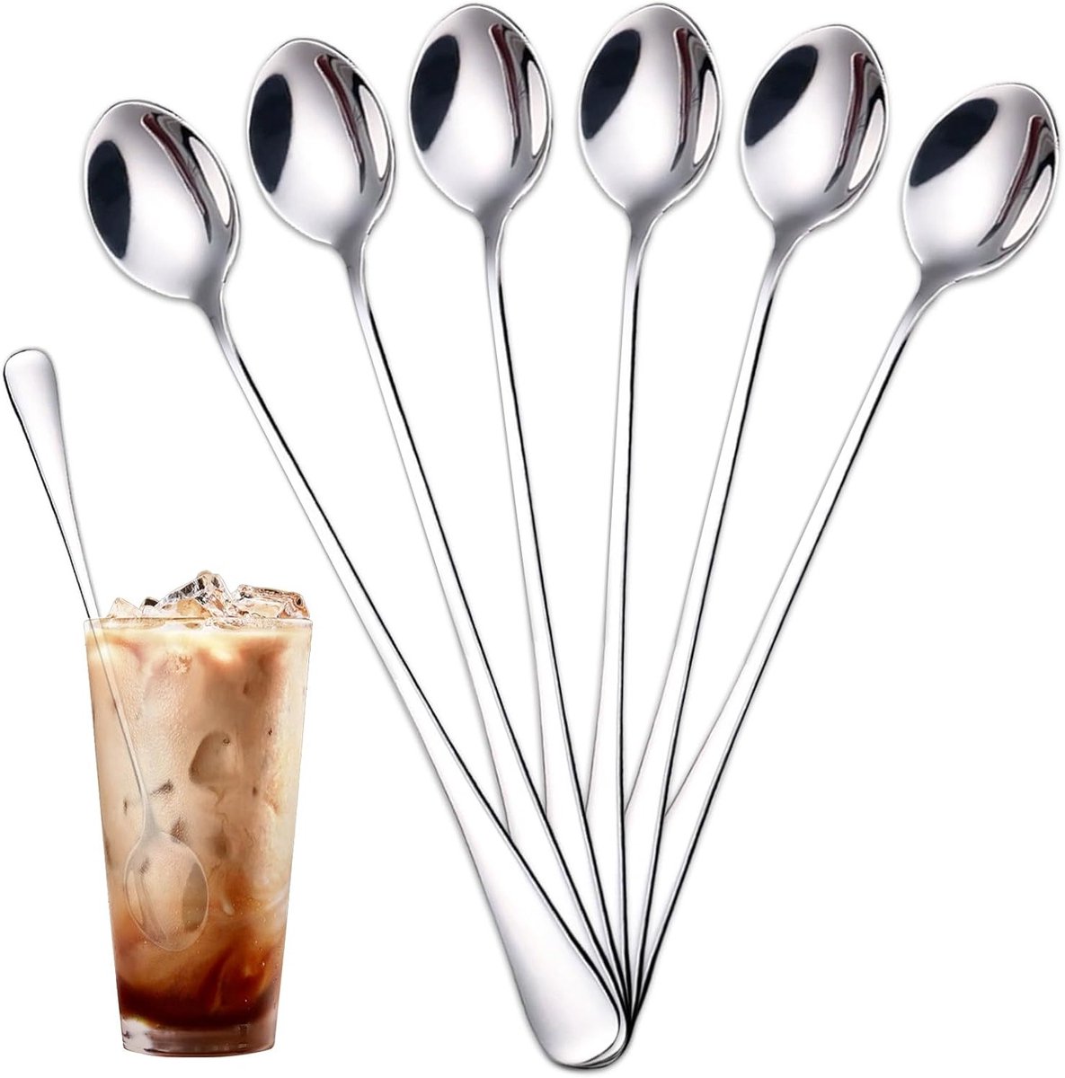 Set van 6 Lange Dessertlepels van RVS - Perfect voor Latte Macchiato, IJs en Koffie - Vaatwasserbestendig en Duurzaam