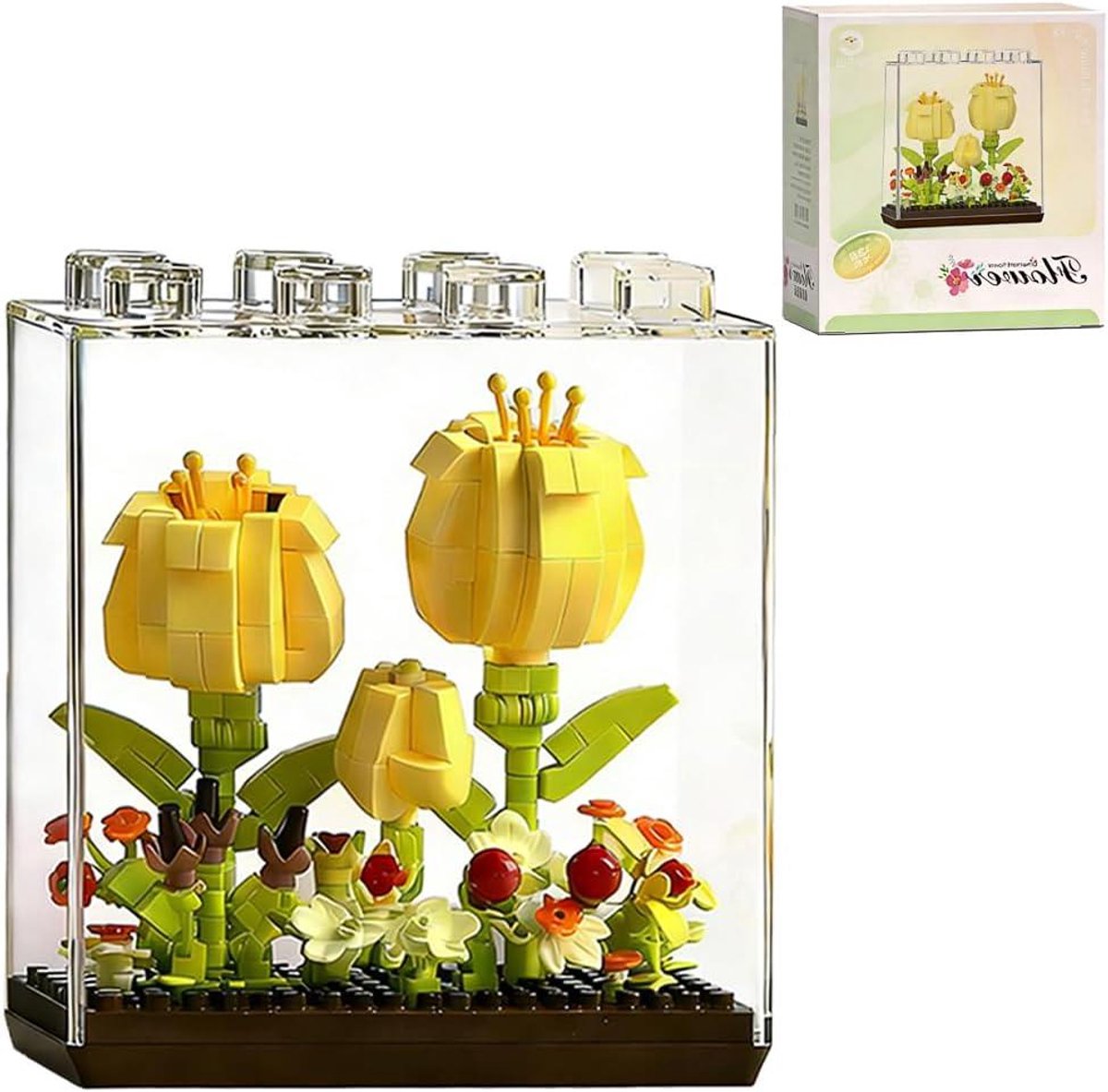 Boeket Bouwstenen - Bloemen Bouwset - Woondecoratie - Miniatuur Tulip Design - 11.5 x 8.5 x 4.5 cm - Geel