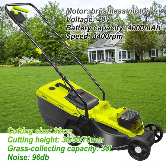 Elektrische Grasmaaier - Snoerloze Grasmaaier - Gazon Onderhouden - Borstelloze Motor - 32 cm Maaibreedte - Groen — afbeelding 2