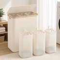 Beige wasmand met 3 vakken: Dark, Hand Wash, Light. Met bamboe deksel en 3 uitneembare mesh waszakken.