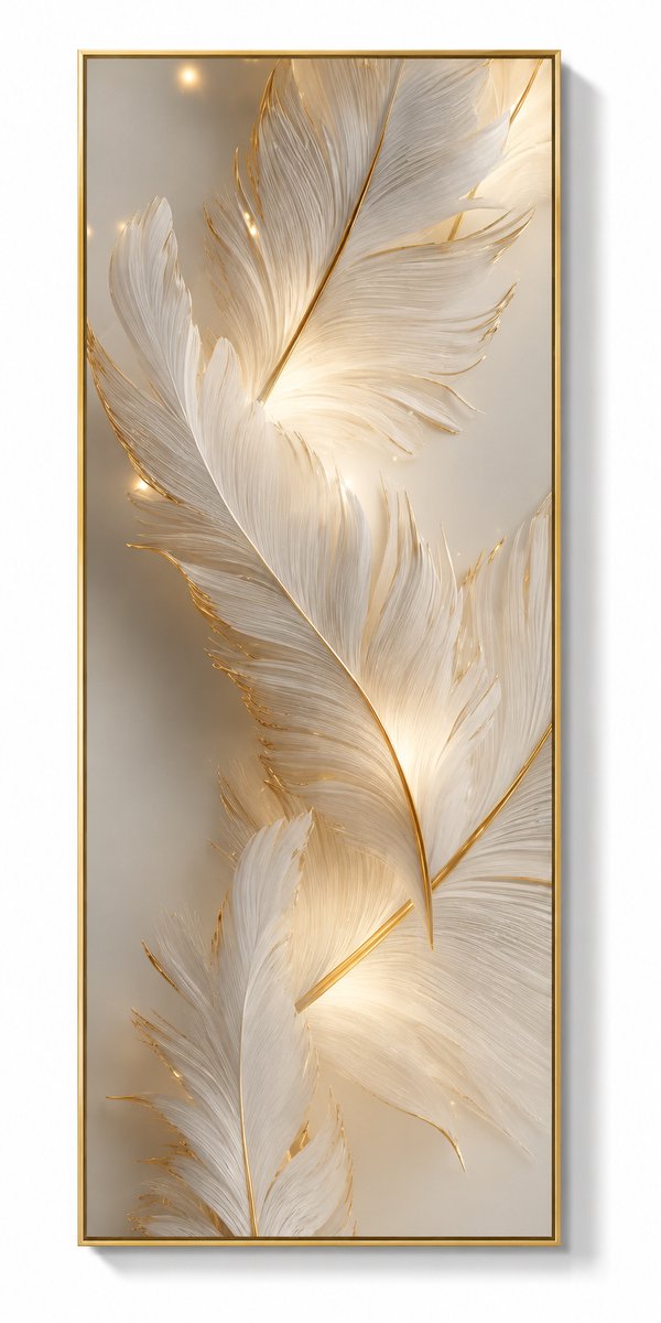 CINK Living® Gouden Veren Canvas Schilderij 50x100 cm – Luxe Wanddecoratie – Modern Beige Goud – Verticale Canvas Poster voor Woonkamer & Slaapkamer