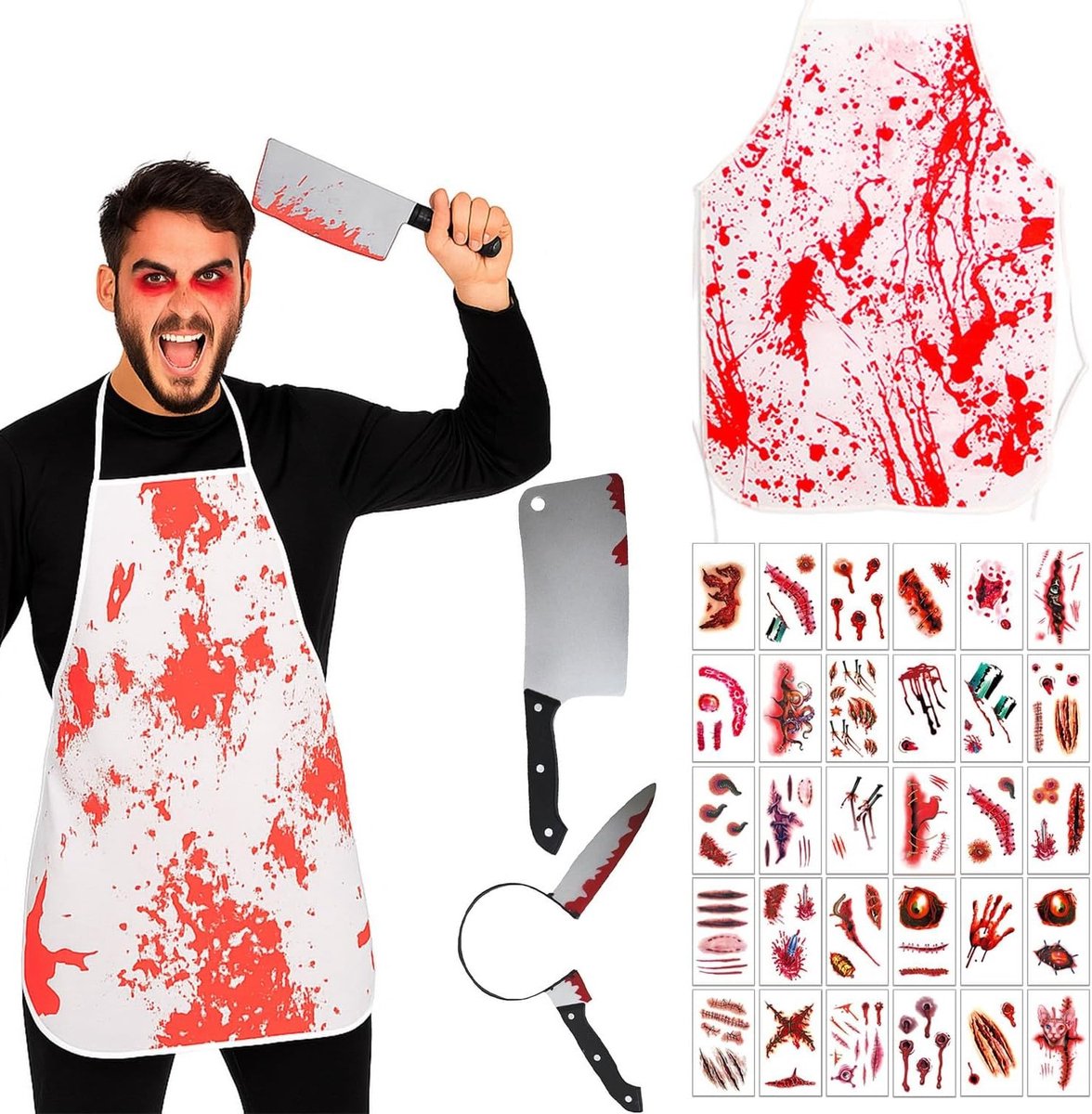 Griezelige Halloween Kostuum voor Mannen met Bloedige Schort, Bloedende Mes en 30 Zombie Tattoos voor Carnaval en Cosplay