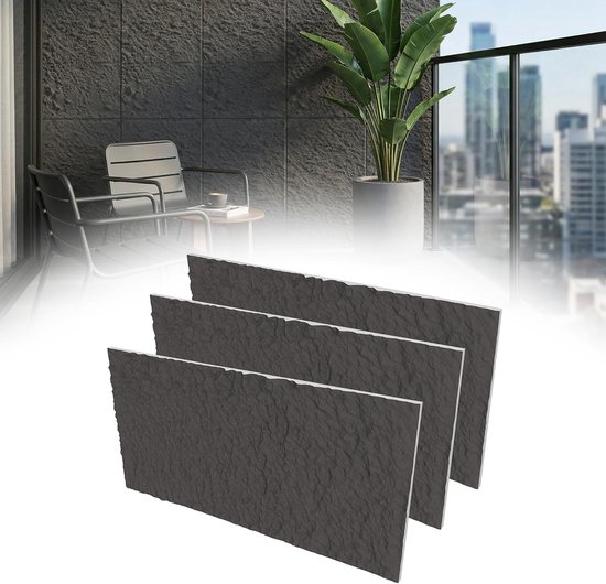Drie panelen met steenstructuur, mat zwart, 120x60x3 cm