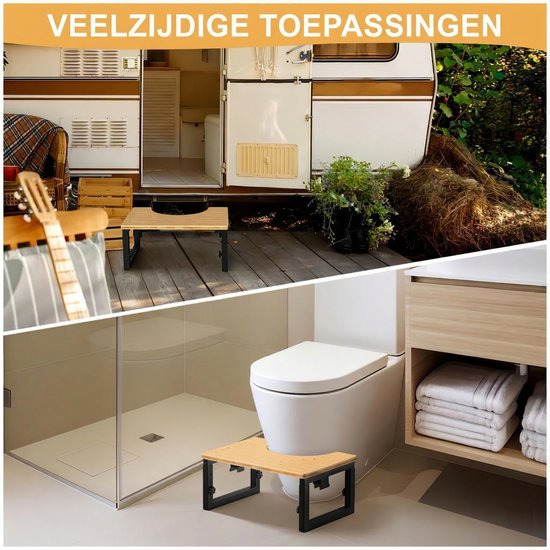 Bamboe toiletkrukje in twee verschillende omgevingen: buiten bij een camper en in een moderne badkamer.