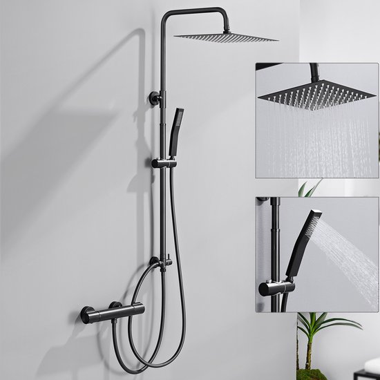Ensemble de douche noir avec pomme de douche carrée et douchette, avec détails encadrés.