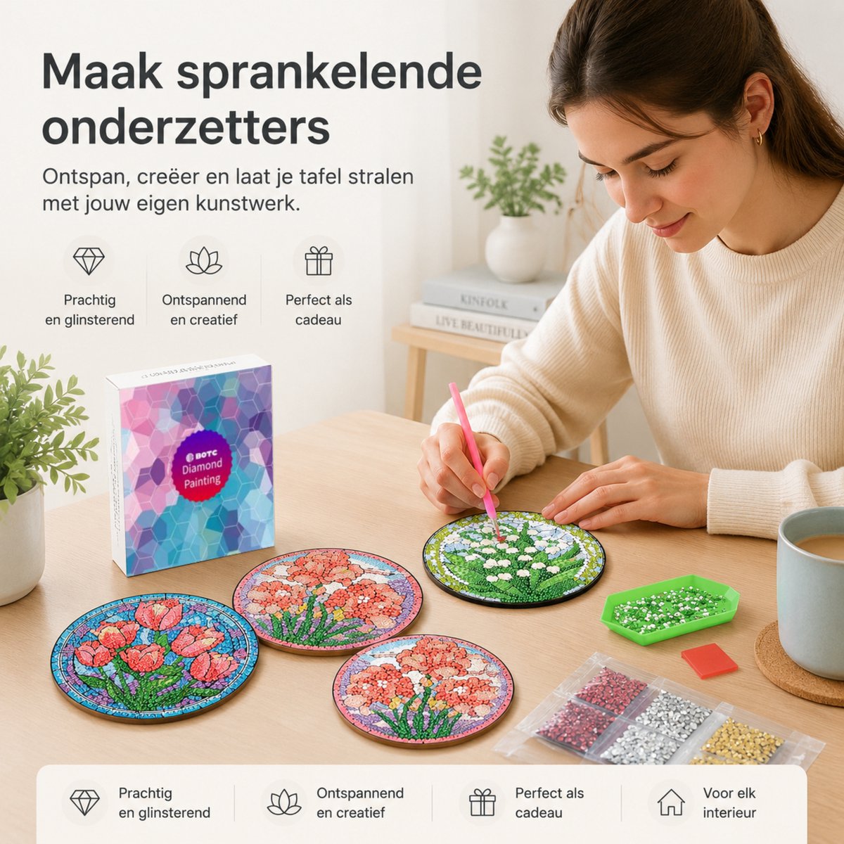 BOTC Diamond Painting - Onderzetters met Houder - Set van 8 - Pakket Volwassenen en Kinderen - Cadeau — afbeelding 2
