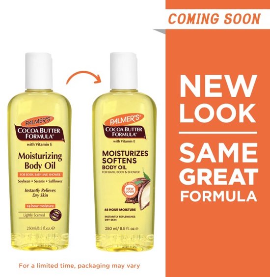 Palmer's body oil fles met "new look". "Coming soon" en "New look, same great formula" tekst.