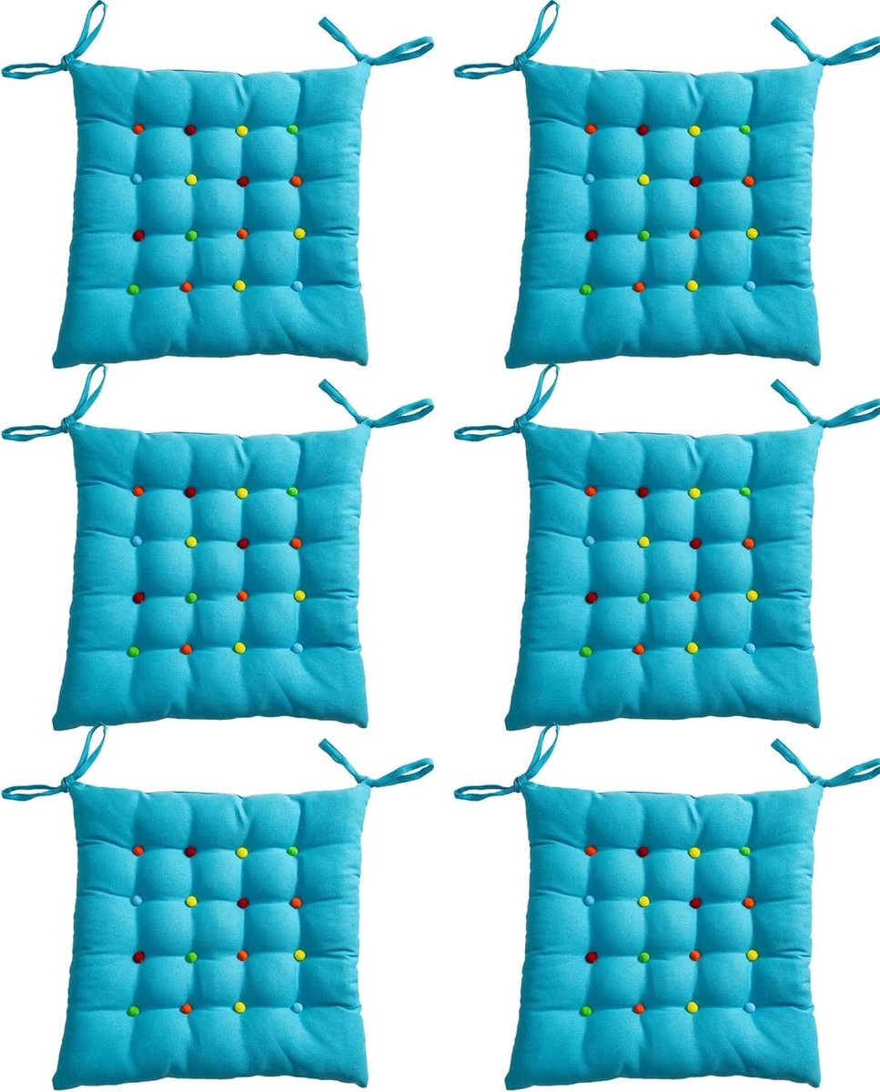 Stoelkussens Set - Zitkussens Katoen - Comfortabel Zitten - Met Pompons - 40x40cm 6 Stuks - Blauw