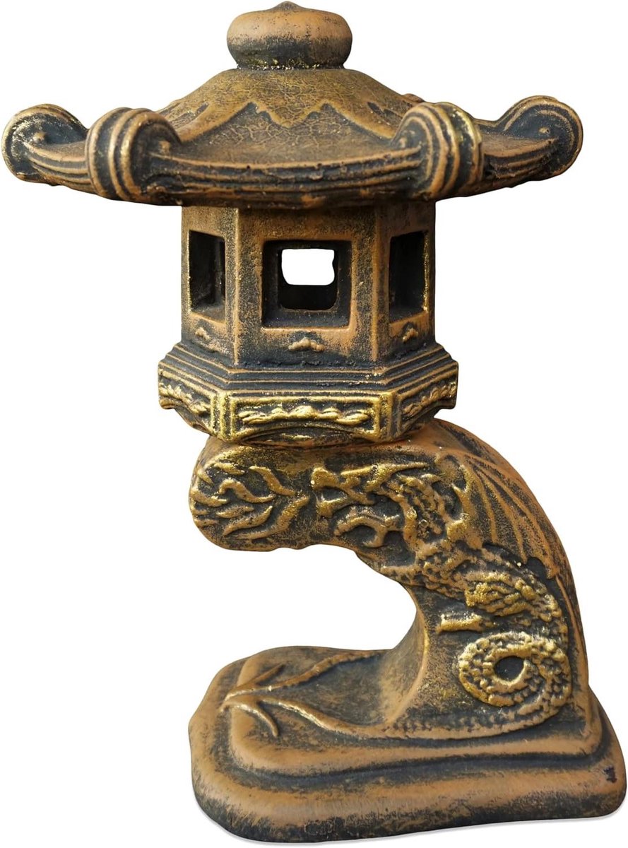 Japanse stenen lantaarn - Tuindecoratie lantaarn - Tuin decoreren - Vorstbestendig gegoten steen - 32 cm hoog - Goud