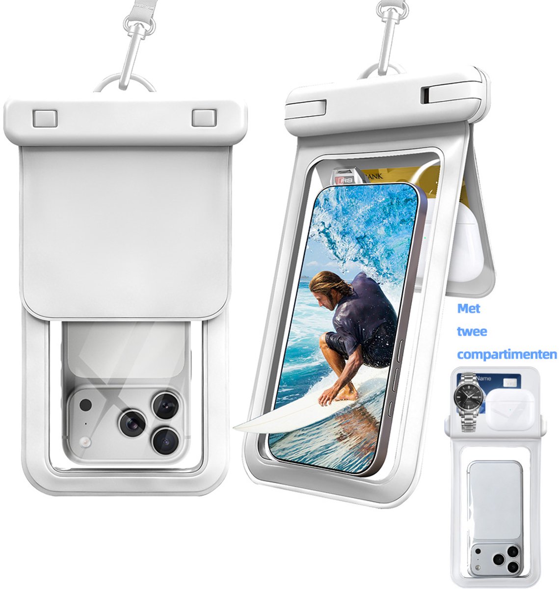 Universeel waterdicht telefoonhoesje met twee compartimenten - IPX8 Waterdicht Zakje - Telefoons tot 7.2 inch – Onderwater Hoesje Telefoon - Waterbestendig tot een diepte van 30 meter - Wit