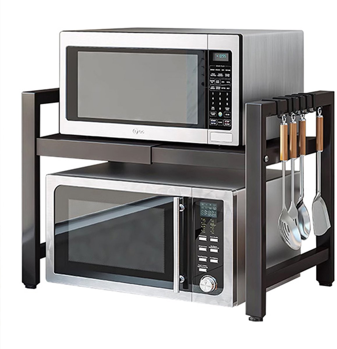 MIVRAY Koelkastorganizers Magnetronrek - Magnetron Organizer Met Uittrekbaar Rek En 6 Haken - Sterk Stalen Keukenrek - Zwart - 40-64×36,5×46 cm