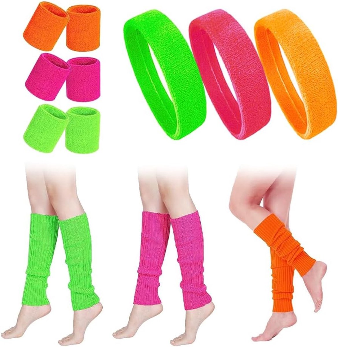 Set van retro 80s en 90s accessoires voor vrouwen, inclusief neon haarband, armband en beenwarmers voor themafeesten, carnaval en kostuums