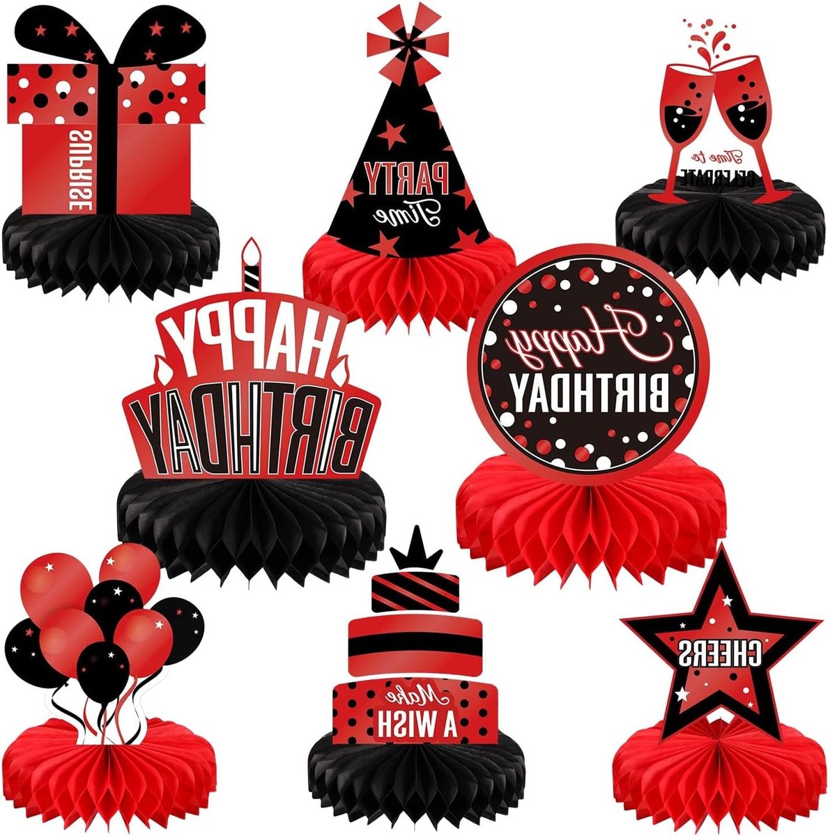 8 Stuks Rode en Zwarte Verjaardagsfeest Honingraat Cupcake Decoraties voor Tafelcentra en Feestversiering