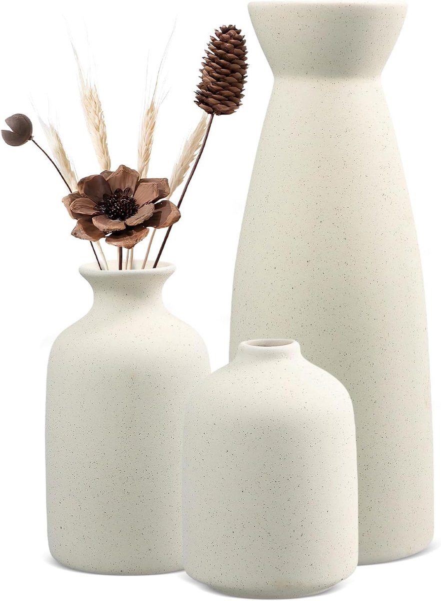 Set van 3 Minimalistische Witte Keramische Vazen voor Verse en Droogbloemen, Pampasgras en Moderne Woondecoratie