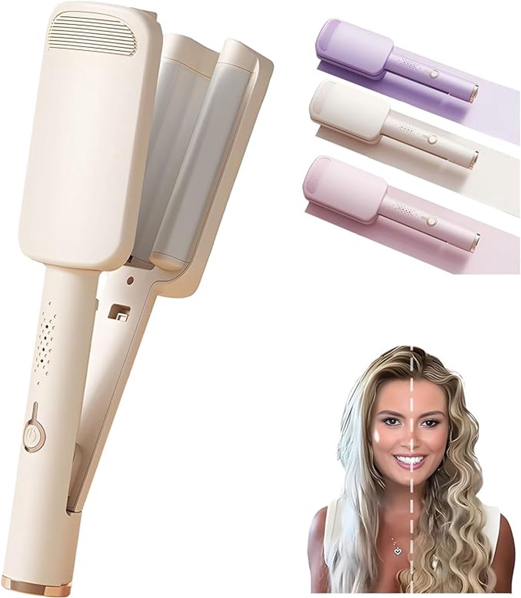 Haar Waver met 3 Keramische Vaten – Ionisch Golfijzer 1.25 Inch – Strandgolven – Anti-branden & Dubbel Voltage – Drievoudige Keramische Krulwaver voor Vrouwen – Wit