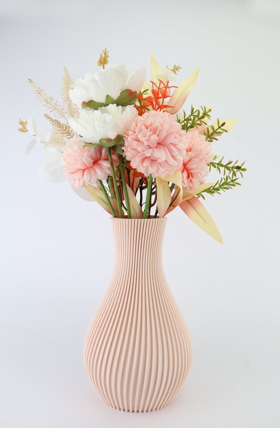 Kunstbloemen inclusief Vaas-Kunstboeket 40 cm-Roze/Witte Nepbloemen in Beige vaas-Onderhoudsvrij-Japandi
