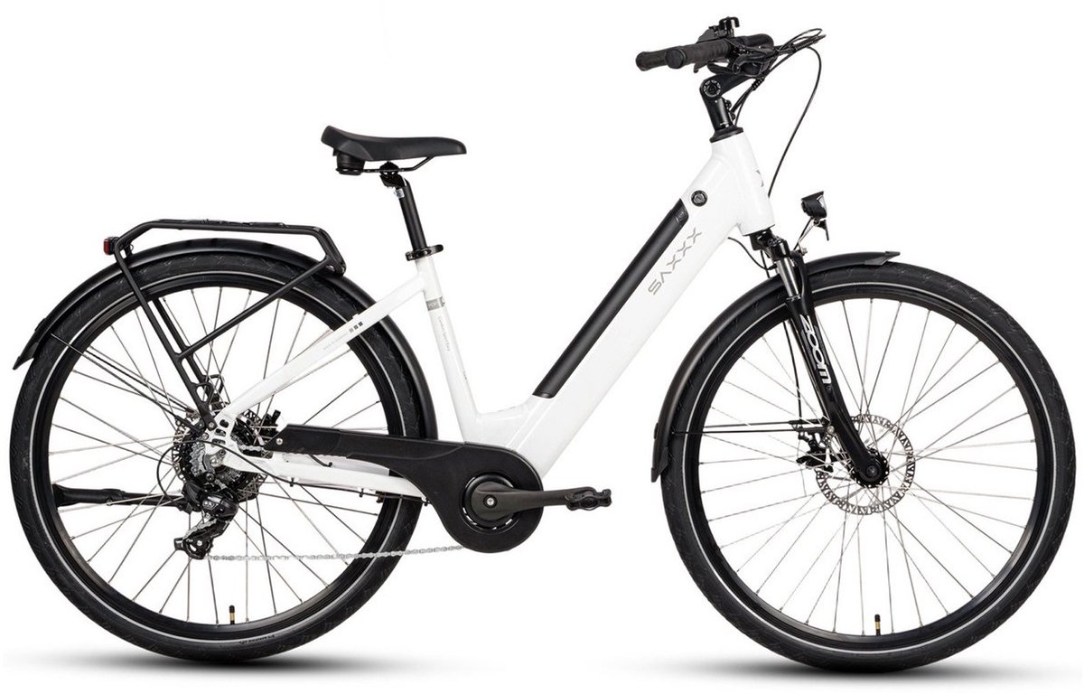 SAXXX E-Bike Stadsfiets 28 Inch - Actieradius tot 90 km - 468Wh Uitneembare Accu - 95% Voorgemonteerd - 250W Motor - ZOOM Mechanische Schijfremmen - Aluminium Frame - Shimano 7 Versnellingen - Wit