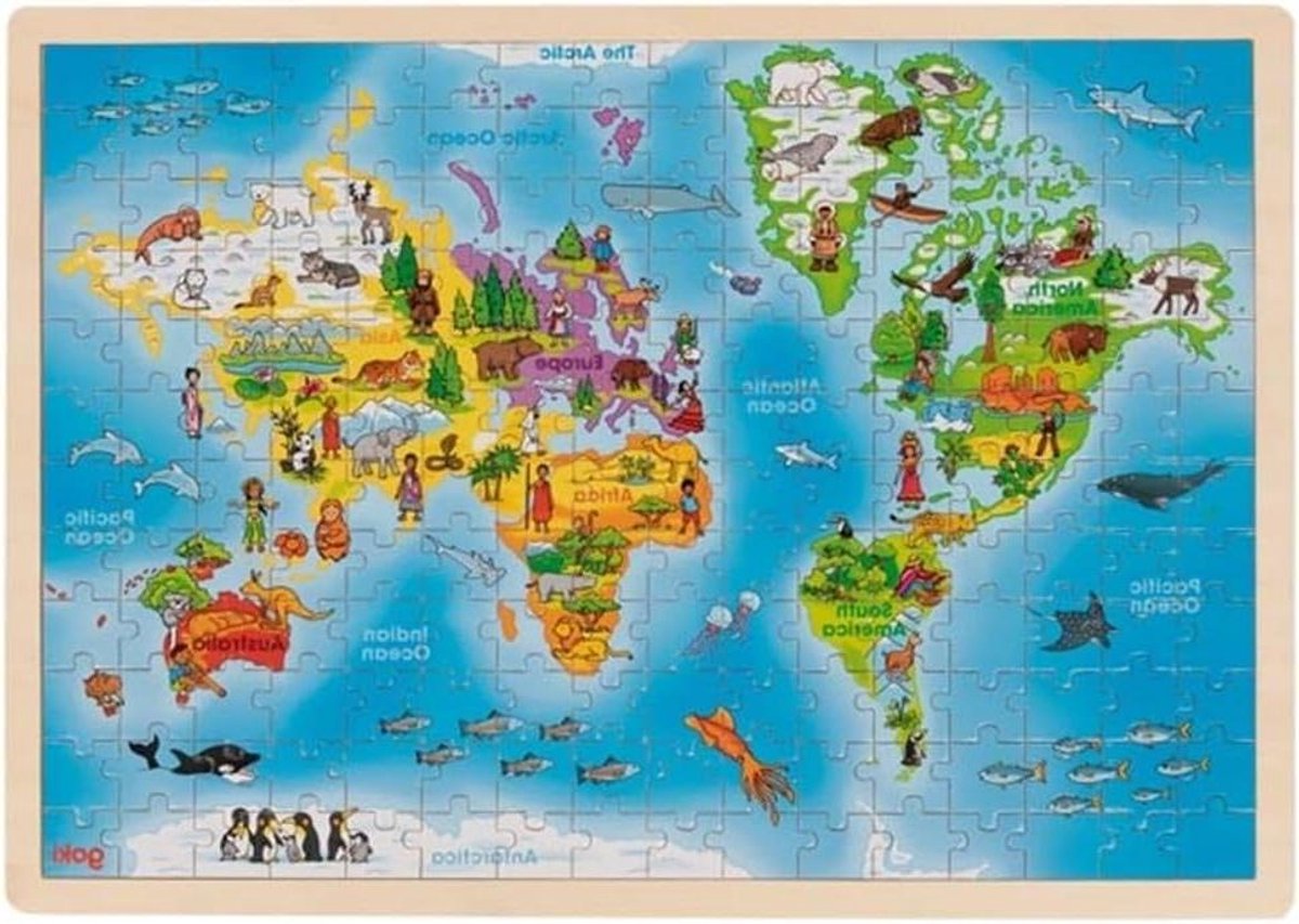 Houten Wereldkaart Puzzel - Educatieve Puzzel - Geografie Leren - 192 Stukjes - 46.5 cm x 33 cm - Gemengd