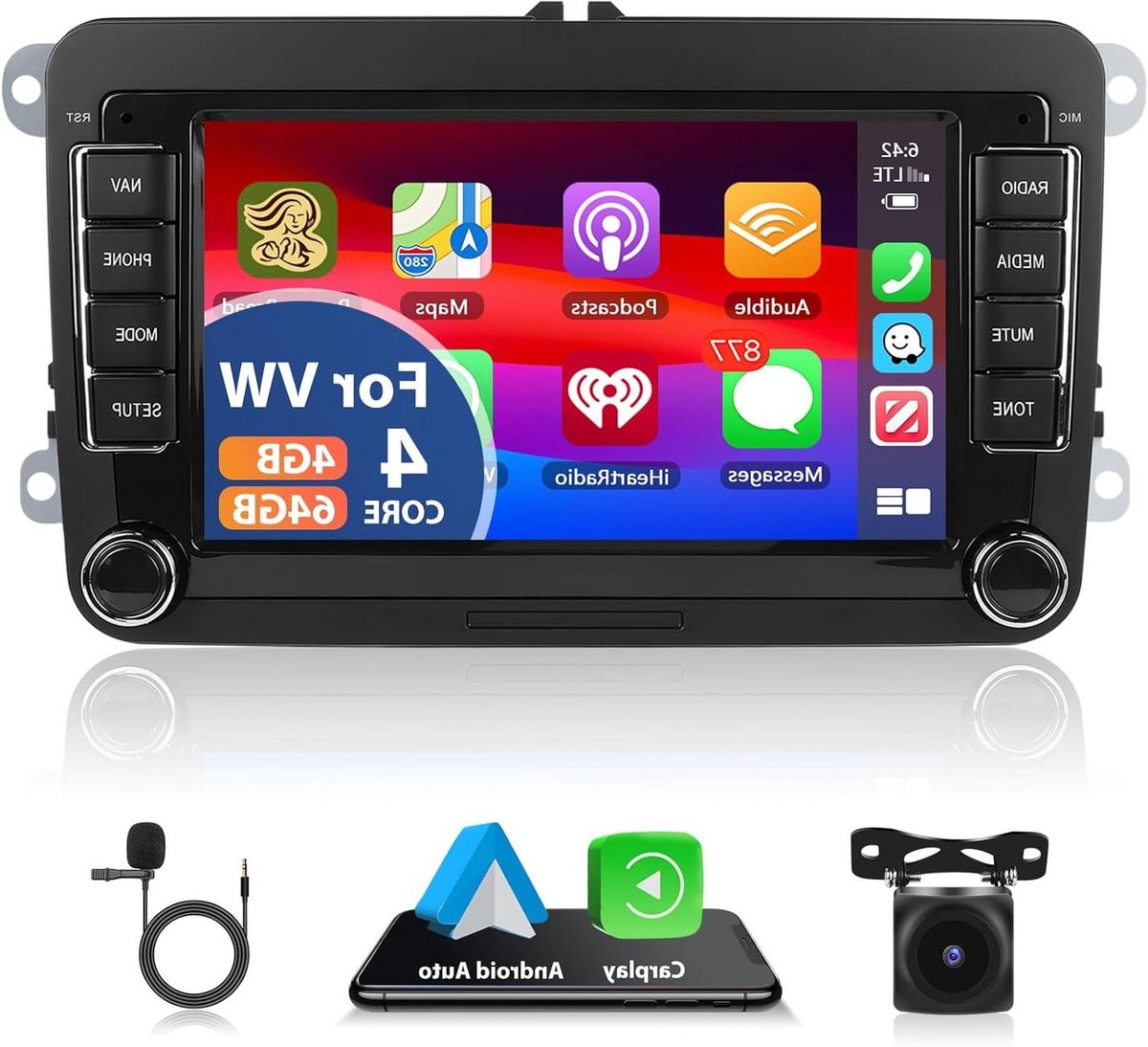 Auto Stereo - Radio Navigatie - Autorijden - Draadloos CarPlay Android Auto - 4+64GB - Zwart
