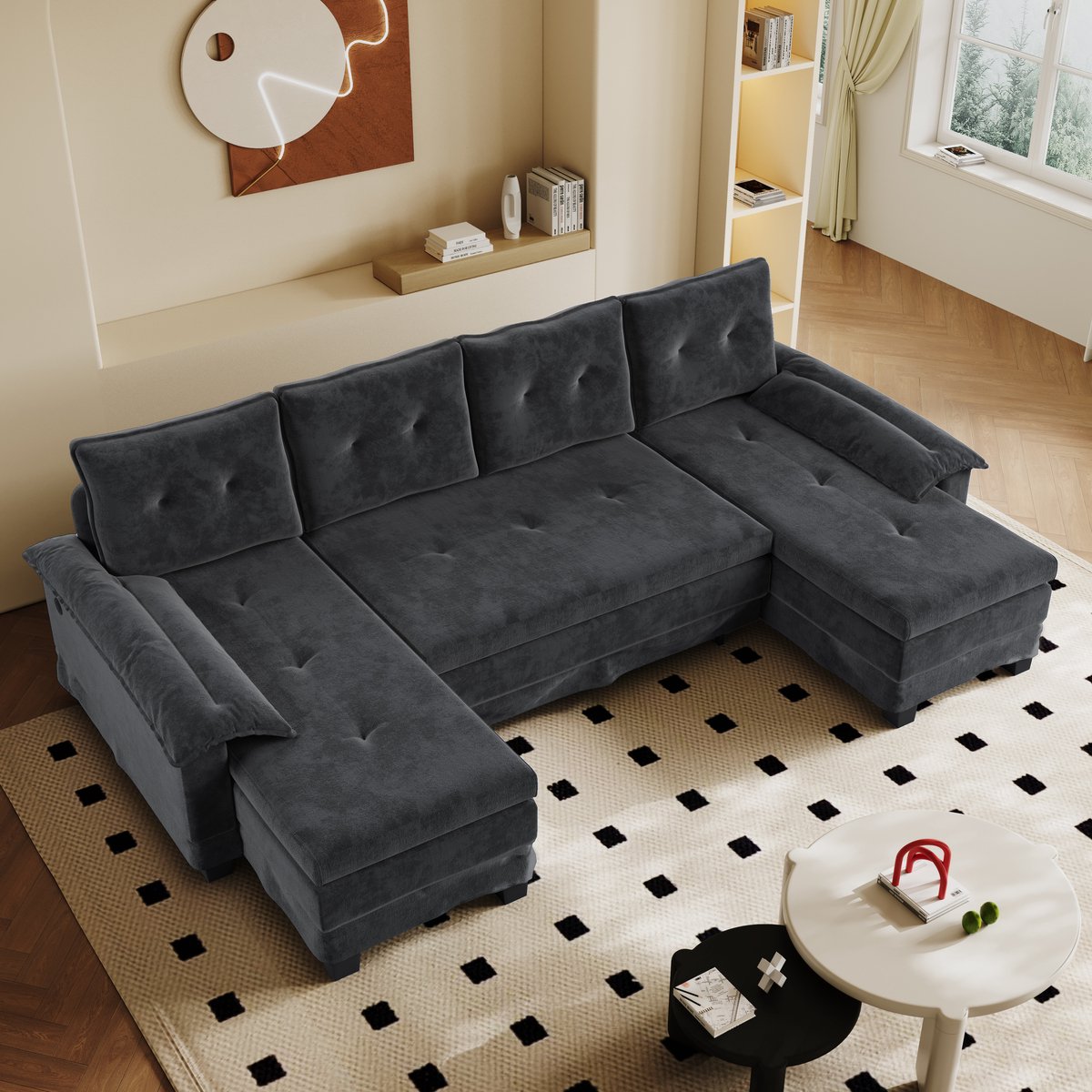 MODFU - U-Vormige Slaapbank - Uitschuifbaar En Modulair - Modern - Voor Woonkamer - Chenille - Grijs - 278 x 127 x 87 cm