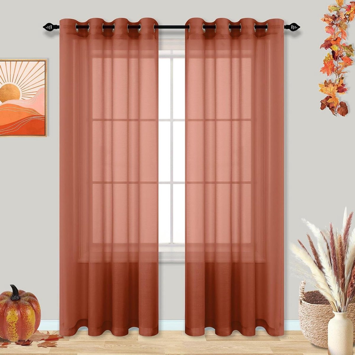 Gordijnen Woonkamer - Vitrage Panelen - Verfraaien van Ramen - Boheemse Terracotta Stijl - 240 cm Hoog - Oker Mandarijn