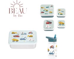 Bundel A Little Lovely Company Back to school set - Drinkfles/4 Snackdozen/RVS Lunchbox - Voertuigen