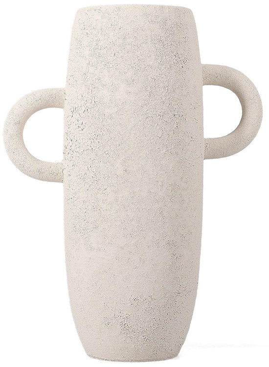 Off-white vaas met twee oren, staand op een witte achtergrond.