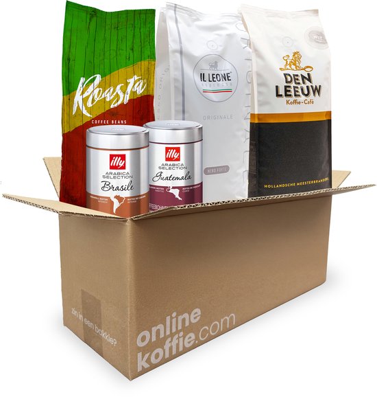 Proefpakket Koffiebonen - Koffieproeverij - 5 Smaken - 3250g - Illy Brasile & Illy Guatamala - Den Leeuw Koffie - Il Leone Espresso - Roasta Coffee - Koffiecadeau - Giftbox - Cadeau - Verse koffiebonen
