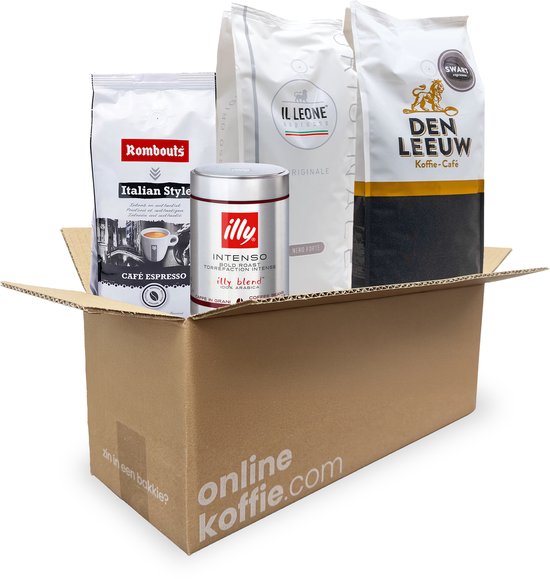Een open kartonnen doos met vier verschillende koffieverpakkingen: Rombouts Italian Style, illy Intenso, Il Leone Espresso en Den Leeuw Koffie-Café.