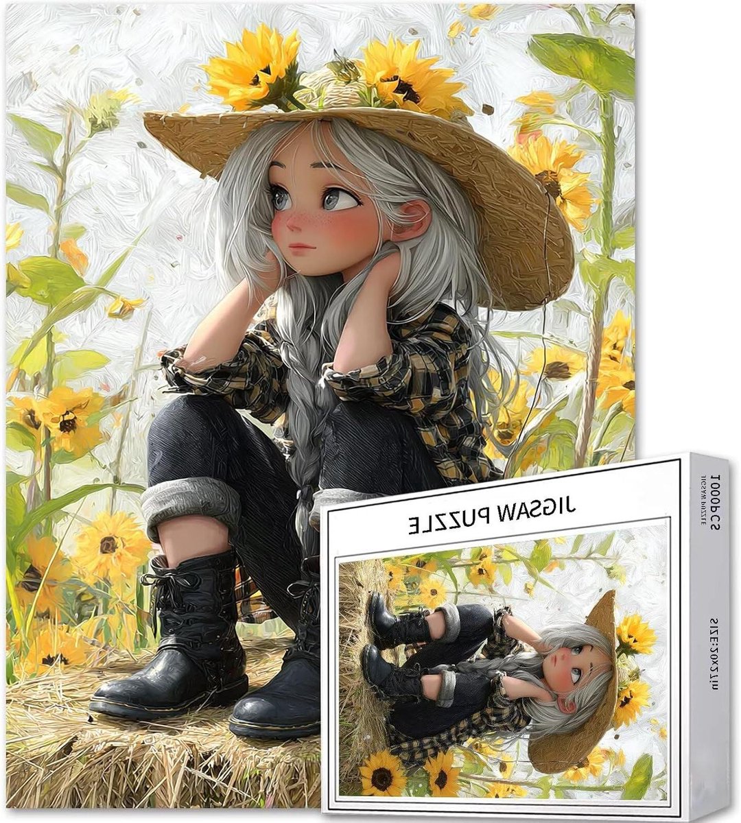 Legpuzzel Meisje Zonnebloem - Puzzel Volwassenen Bloem - Ontspannende Hobby - Gerecycled Puzzelbord - 50x70 cm - Kleurrijk