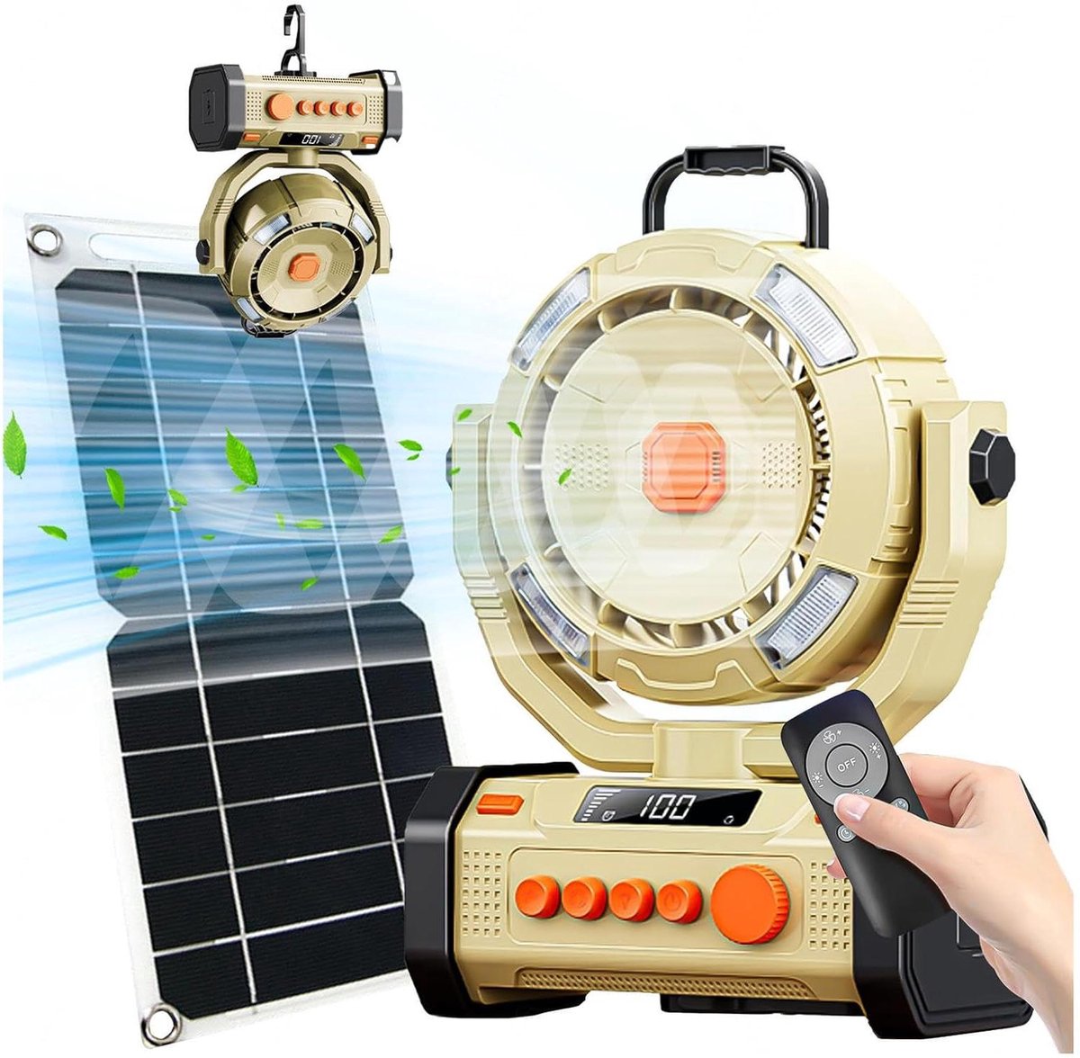 Kampeer Ventilator - Campinglamp Ventilator - Buiten Kamperen - Zonne-Oplaadbaar - 30 x 24 cm - Zwart