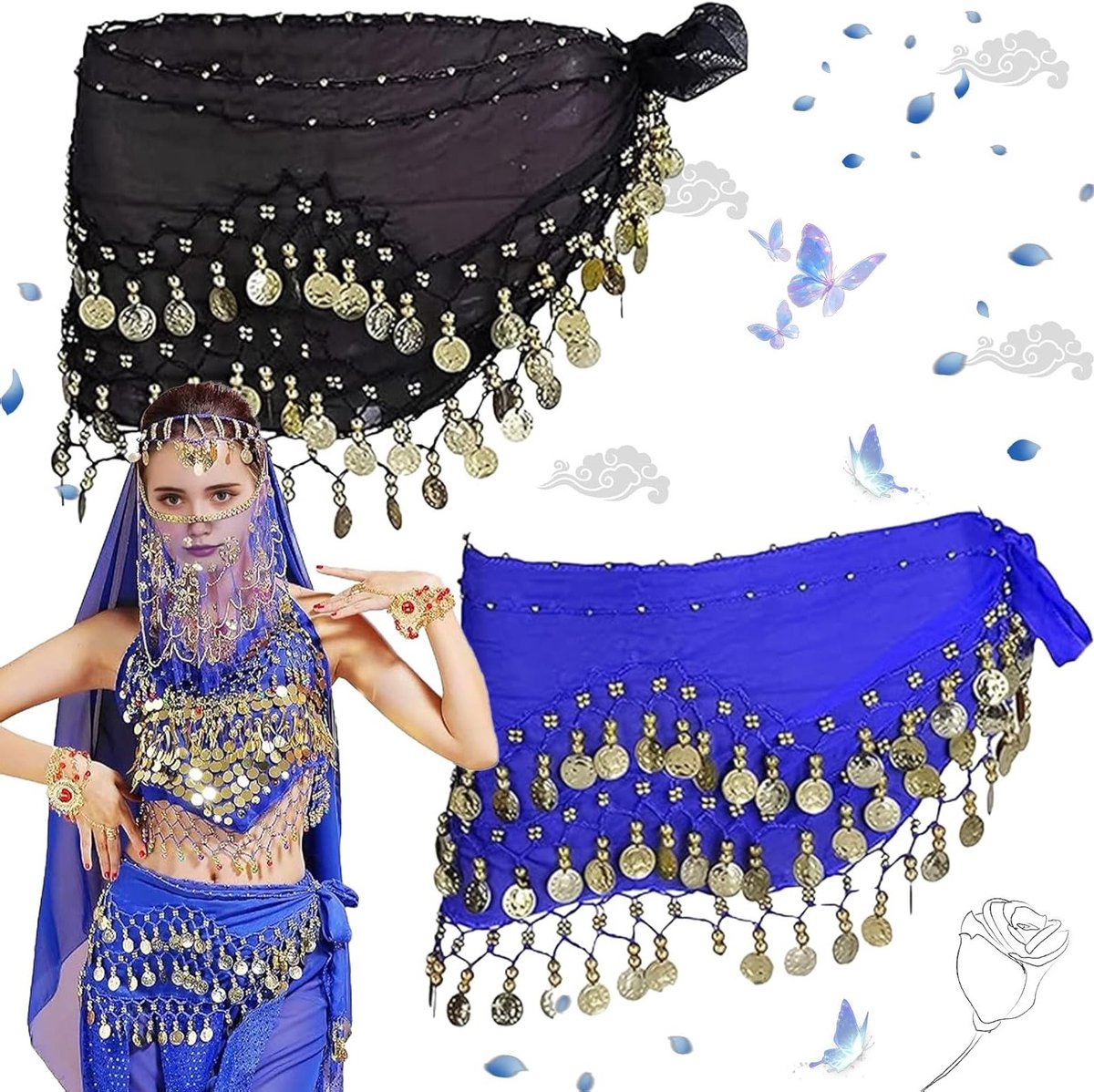 Bellydance Sjaal en Ceintuur voor Vrouwen, Kleurrijk Danskostuum voor Theater, Verjaardags- en Feestshows, Perfect voor Optredens en Danslessen (Blauw, Zwart)