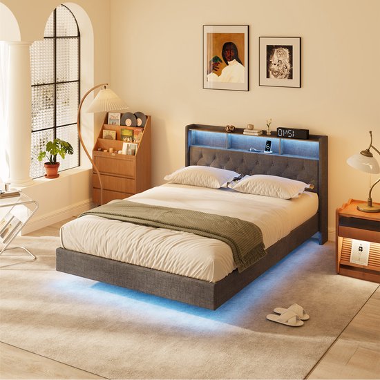 Xbro Bed 140 x 200 cm met LED-verlichting en USB-oplaadpoort, Tweepersoonsbed met Lattenbodem, Gestoffeerd bed met Hoofdbord en Opbergruimte，Donkergrijs